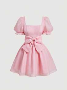 SHEIN MOD Vestido corto para mujer de estilo romántico princesa con decoración de lazo rosa - Rosa - Ver 1
