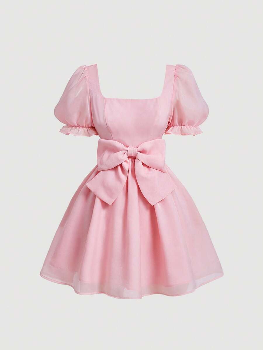 SHEIN MOD Vestido corto para mujer de estilo romántico princesa con decoración de lazo rosa - Rosa - Ver 1