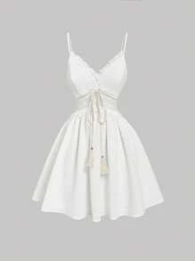 SHEIN MOD 女士夏季时尚波西米亚风流苏装饰吊带短裙 - 白色 - 查看 1