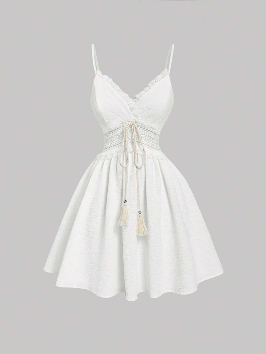 SHEIN MOD 女士夏季时尚波西米亚风流苏装饰吊带短裙 - 白色 - 查看 1
