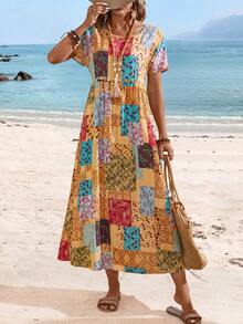 EMERY ROSE Women's Vacation Casual Patchwork Printed Batwing Sleeve Dress With Cinched Waist - Multicolor - View 5