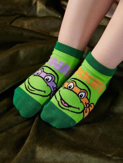 TEENAGE MUTANT NINJA TURTLES | SHEIN 2pairs Soft And Absorbent Cartoon Cotton Kid Short Socks, Suitable For School