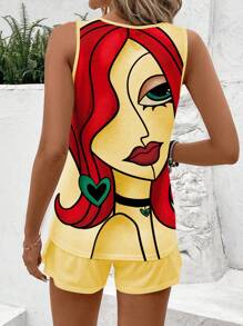 SHEIN LUNE Women's Round Neck Sleeveless Vest With Face Print And Solid Color Drawstring Pocket Shorts Casual 2pcs Summer Outfits