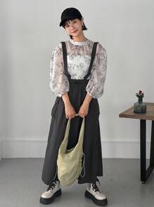 FRIFUL Women Fashion Flower Print Mid Sleeve Shirt Sheer - White - View 2