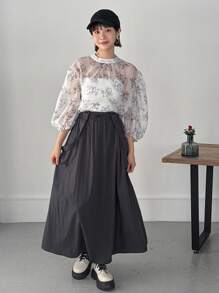 FRIFUL Women Fashion Flower Print Mid Sleeve Shirt Sheer - White - View 5