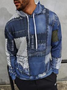 Manfinity Homme Men Plus Size Casual Hooded Pullover With Patchwork And Printed Design For Summer - Multicolor - View 5