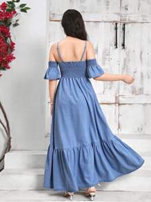 SHEIN Teen Girl Casual Off-Shoulder Short Sleeve Asymmetrical Gathered 
 Denim Dress With A-Line Dress - Blue - View 2