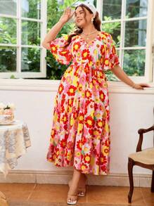 Dreamara 大尺碼女裝V領水染長度假風格紅色花卉休閒連衣裙，彈力氣球袖設計，完美適用於夏季和復活節 - 彩色 - 查看 7