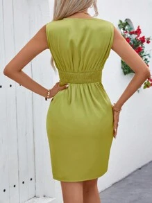 SHEIN Clasi 女士純色簡約日常穿著無袖連衣裙 - 橄欖綠 - 查看 2