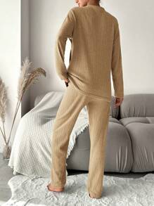 RueChic Panda & Letter Embroidery Contrast Sleeve PJ Set - Brown - View 2