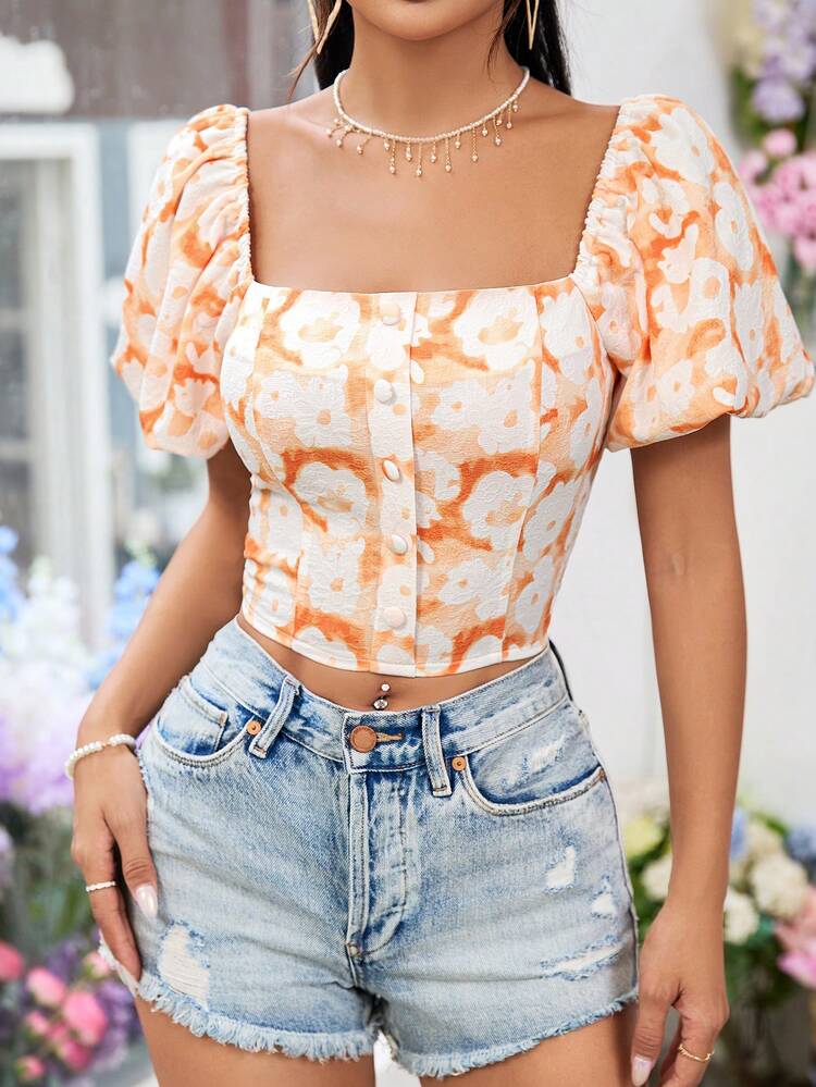 Textured Floral Print Puff Sleeve Sweet Summer Women Blouse Bridgerton Style Dress