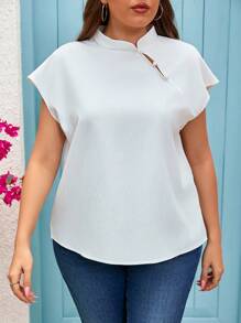 Firerie 大码优雅通勤新款中式立领无袖衬衫，落肩荷叶袖设计，纽扣闭合，白色 - 白色 - 查看 7