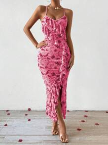 Chiquease Damskie Różowy Nadrukowany Pasek Spaghetti Głębokie rozcięcie Sukienki