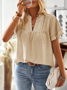 SHEIN LUNE 女士夏季純色寬眼頸線條對比蕾絲荷葉邊短袖寬鬆上衣 - 杏色 - 查看 1