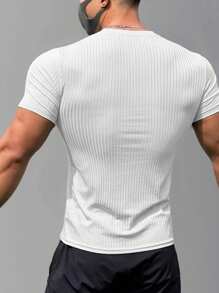 Manfinity Dauomo Men's Summer Solid Color Rib-Knit Short Sleeve Casual T-Shirt With Round Neck - White - View 2