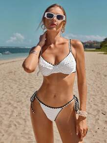 SHEIN Swim Women Summer Beach Vacation Contrast Trim Textured Bikini Set