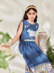SHEIN 年輕女孩簡約印花上衣和短裙套裝 - 藍色 - 查看 3