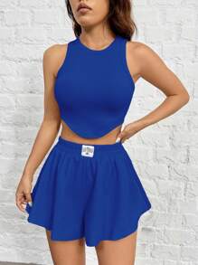 SHEIN EZwear Ensemble pour femmes tricoté en coupe ajustée de couleur bleu royale - bleu indigo - Voir 5
