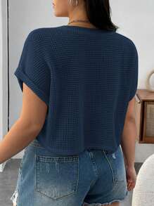 SHEIN EZwear 米色針織女士短袖T恤 - 寶藍色 - 查看 2