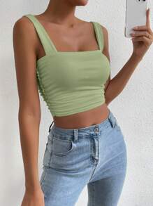 Chiquease Áo ba lỗ thông thường mùa hè xếp li màu trơn có dây đai rộng - màu xanh lá - Xem 3