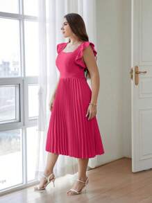 SHEIN Privé Plus Size Elegant Commuter Pleated Solid Midi Dress With Ruffle Sleeves, Summer