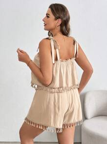 SHEIN Essnce Plus Size Summer Two Sets, Linen Short Two Sets,Summer Outfits Shorts Set ,Summer Clothes Linen Pants Petite Summer Crop Tops Linen Set,Summer Women Two Pieces Set Shorts - Khaki - View 2