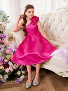 SHEIN Tween Girl Graduation Party Spring/Summer Woven Mono-Shoulder Dress With 3D Flower Embellishments - Hot Pink - View 5