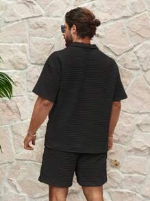 Genlund Men's Fashionable Textured Solid Color Lapel Collared Top And Shorts Set, Cozy Outfits - Black - View 2