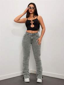 SHEIN ICON High Waisted Flared Jeans With Slit Hem - Light Grey - View 6