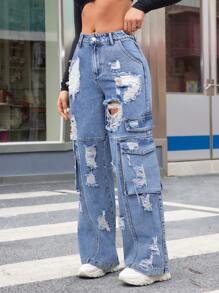 SHEIN ICON Vaqueros de pierna ancha rasgados y holgados para uso informal