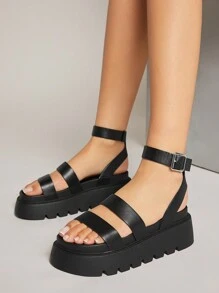 SHUZIA Sandalia De Plataforma De Tacón De Cuña De Color Sólido Para Mujer Con Correa De Tobillo - Negro - Ver 6