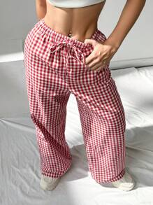 SHEIN EZwear 格紋印花編織女褲 - 紅色 - 查看 2