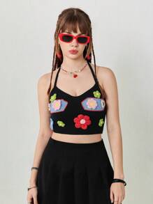 SHEINNeu Women's Summer Floral Short Suspender Black Sweater Vest - Black - View 5