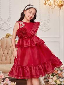 SHEIN Tween Girls' Elegant Round Neckline Layered Ruffle Edge Dress With 3d Flower Decor - Burgundy - View 4