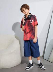 SHEIN 青少年男孩夏季休閒水洗印染表情短袖襯衫和牛仔短褲套裝 - 彩色 - 查看 3