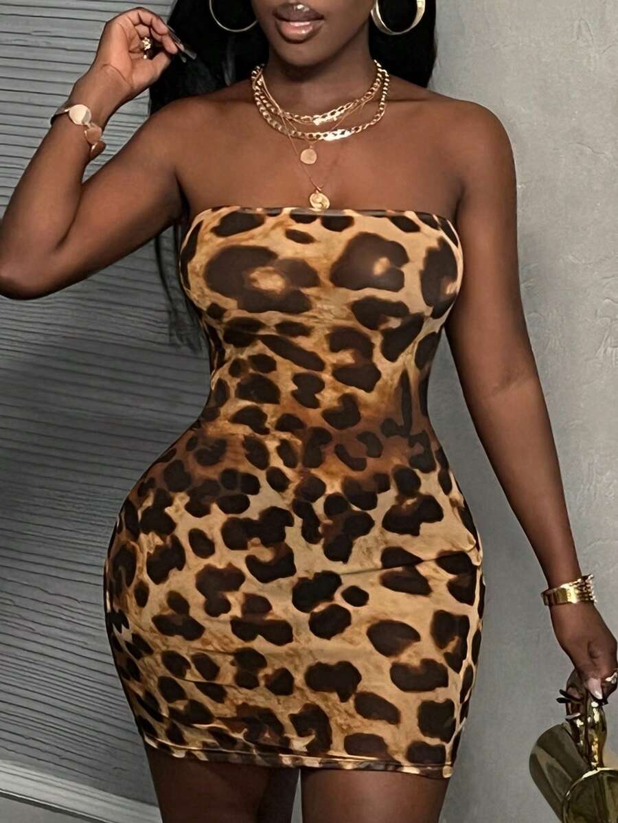 SHEIN Slayr Sexy Leopard Print Mesh Mini Bodycon Tube Dress - Multicolor - View 1