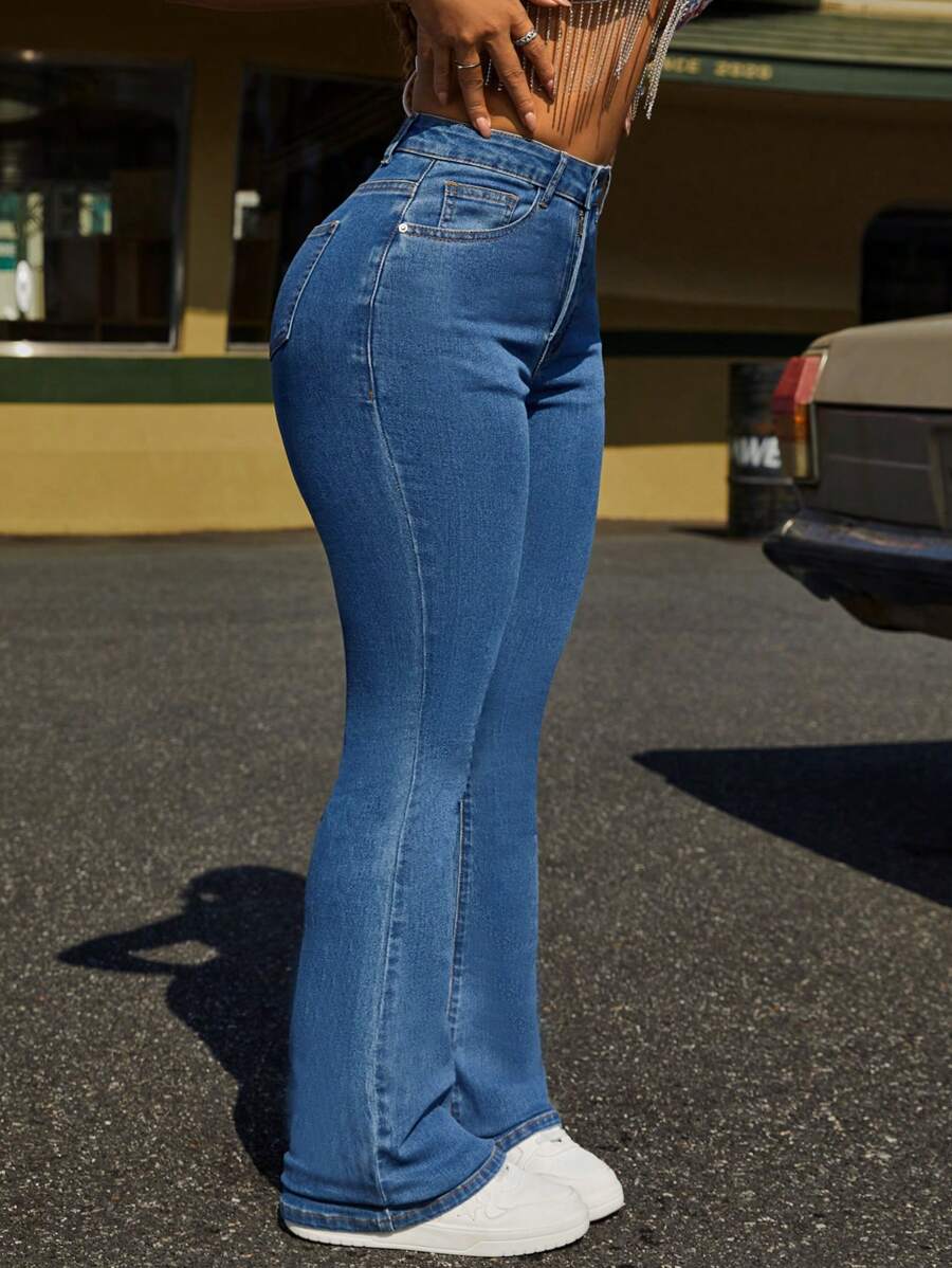 SHEIN PETITE Jeans Acampanados De Color Sólido Para Mujeres - Azul - Ver 1