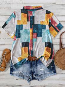 SHEIN LUNE Plus Size Women's Summer Geometric Printed Short Sleeve Button-Front Casual T-Shirt With Pockets - Multicolor - View 2