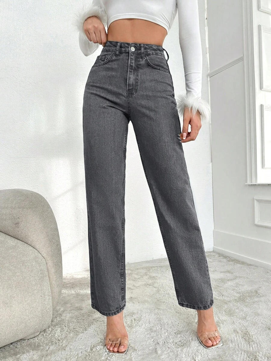 SHEIN Cottnline Jeans De Mujer Con Cremallera Y Trabillas Con Botones - Gris - Ver 1