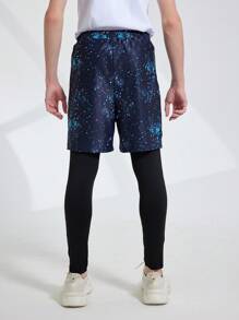 Teen Boys' Summer Solid Color Short Sleeve Top With Printed Patchwork 2 In 1 Long Pants Sportswear Set - Black - View 2