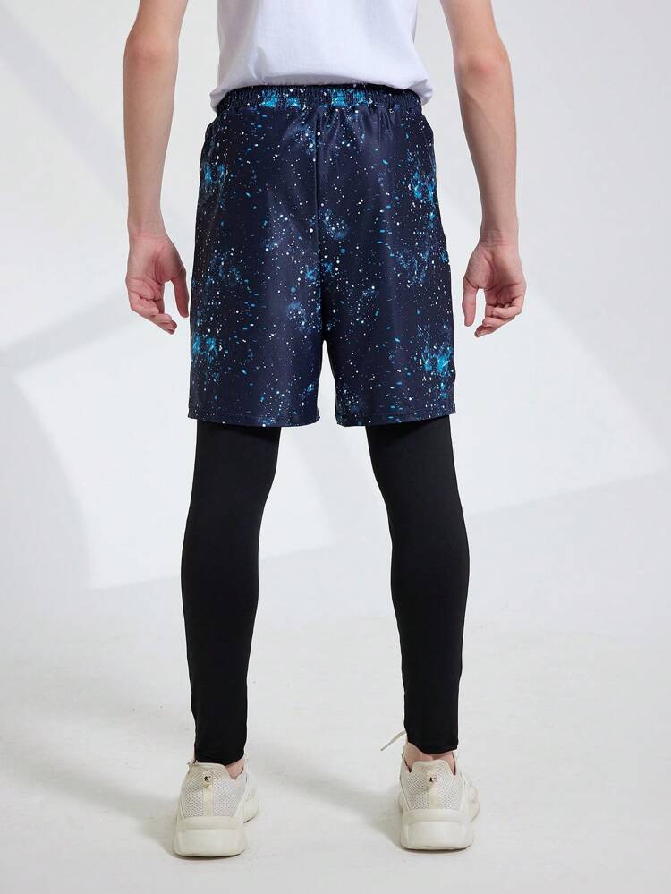 Teen Boys' Summer Solid Color Short Sleeve Top With Printed Patchwork 2 In 1 Long Pants Sportswear Set