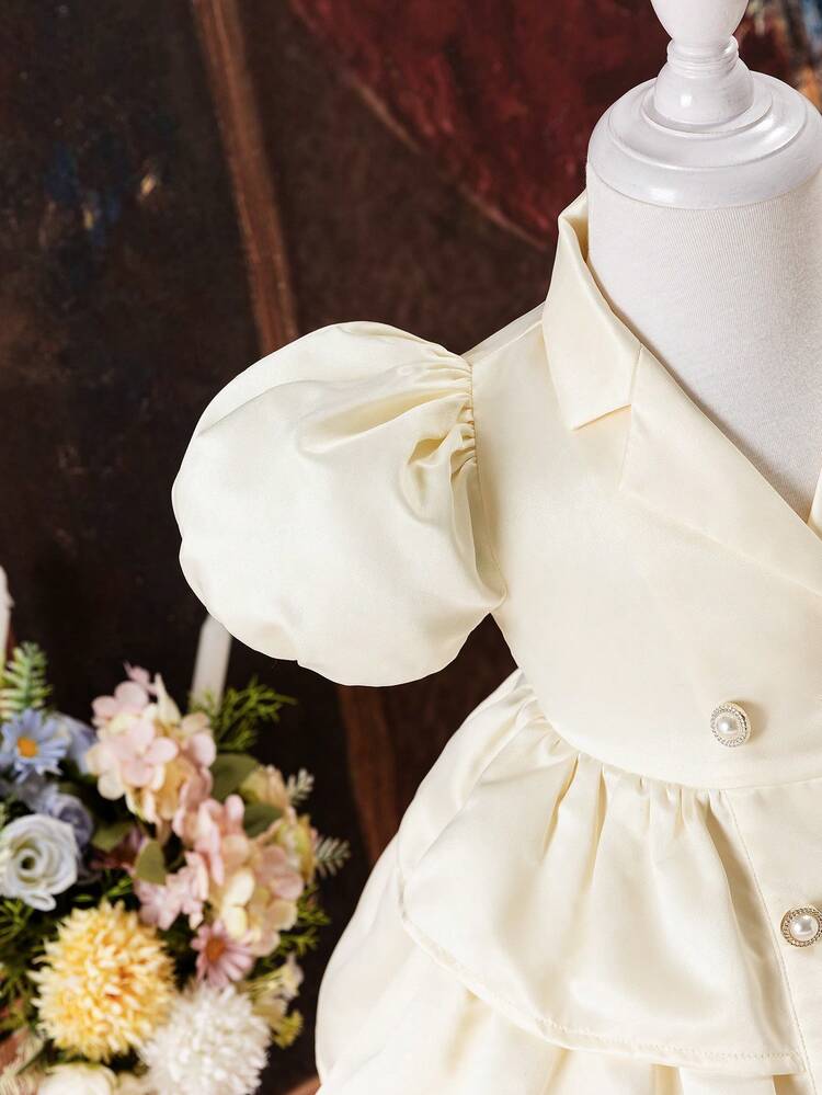 Baby Girl Gorgeous Elegant Satin Solid Color Suit Collar Puff Sleeve Ruffle Trim Layered Dress