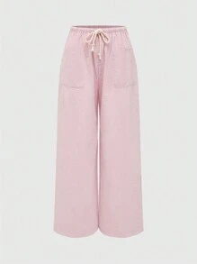 ROMWE Casual Loose Straight Pants For Women, Striped Tie Waist Linen Trousers For Home And Daily Wear, School - Pink - View 5