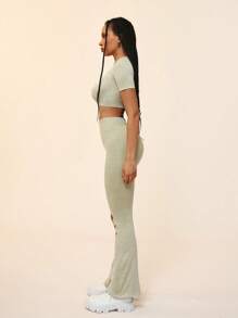 SHEIN Ladies' Solid Color Simple Daily Wear Hollow Out Short Sleeve Top And Long Pants Sports Set - Green - View 4