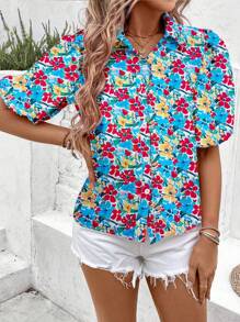 Breezaya Women's Printed Frayed Hem Button-Down Collar Shirt For Summer - Multicolor - View 4