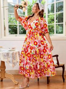 Dreamara 大尺碼女裝V領水染長度假風格紅色花卉休閒連衣裙，彈力氣球袖設計，完美適用於夏季和復活節 - 彩色 - 查看 6