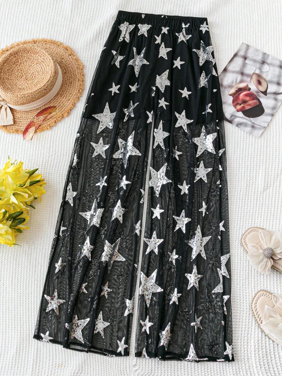Soleia Pantalon large à taille élastique avec broderie de séquins noirs en étoile, style bohème pour femmes en vacances - Noir - Voir 1