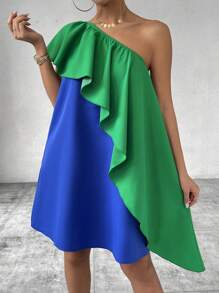 Calvaya Robe d'été asymétrique avec encolure en bloc de couleur et ourlet à volants
