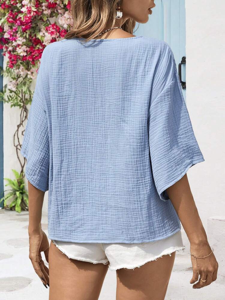 Wide-Leg Solid Color Vacation Style Women's Off-Shoulder Shirt With V-Neck, Tie Short Sleeve Blue Shirt Summer Shirts Oversized  Shirts