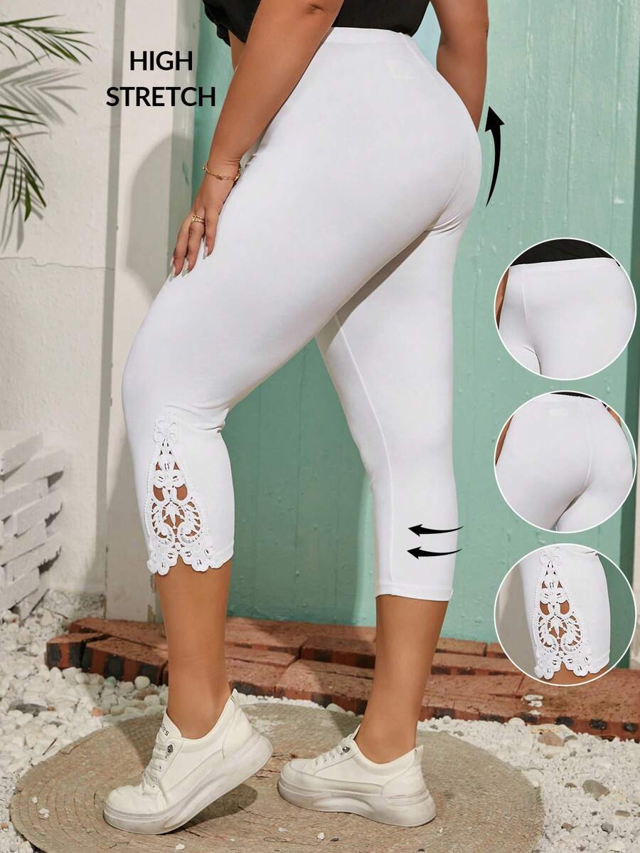 SHEIN Frenchy 大码女式休闲蕾丝拼布白色紧身裤夏季下装 - 白色 - 查看 1